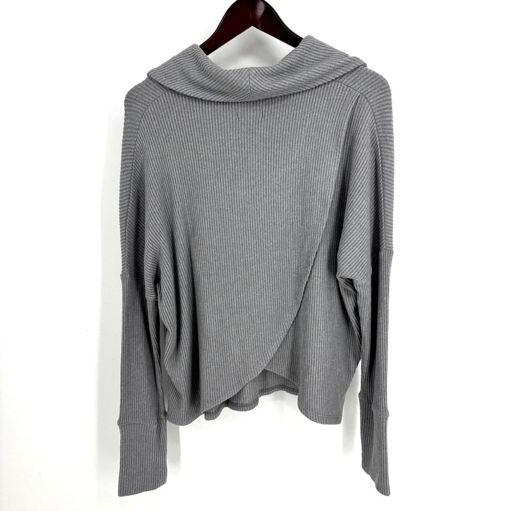 Lucky Brand Size Large Cowl Neck Ribbed Sweater Knit Top Gray Crossover Back NEW